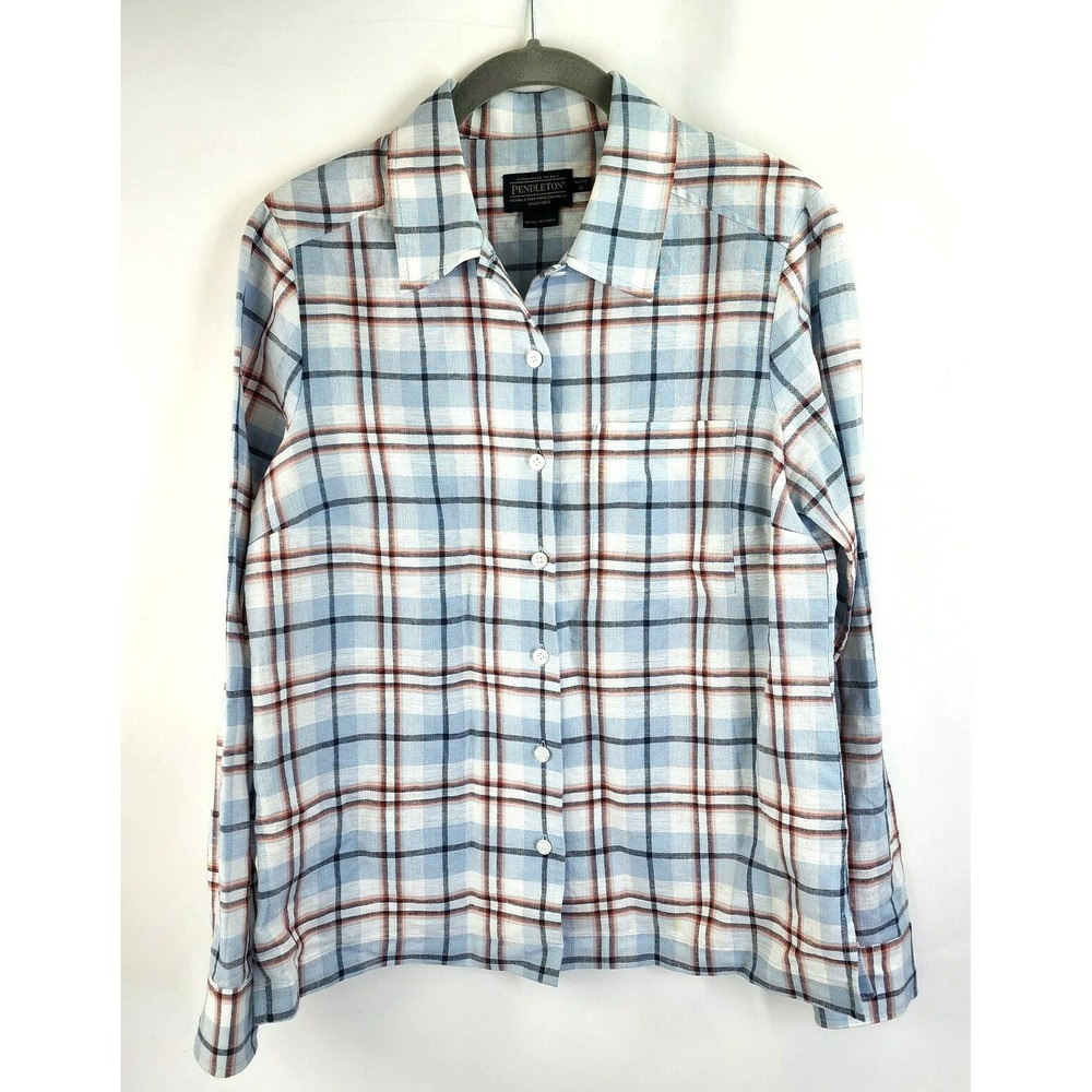 Pendleton Women's Top Sp Long Sleeve Linen Blend Plaid Button Up Blouse